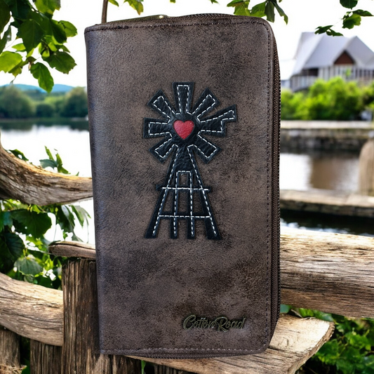Large BROWN Cotton Road PU Leather Wallet with WINDMILL