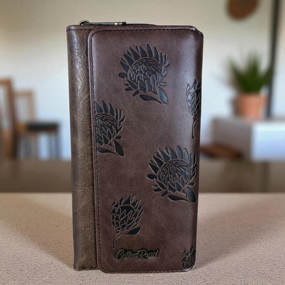 Large BROWN PROTEA Tri-Fold Cotton Road PU Leather Wallet