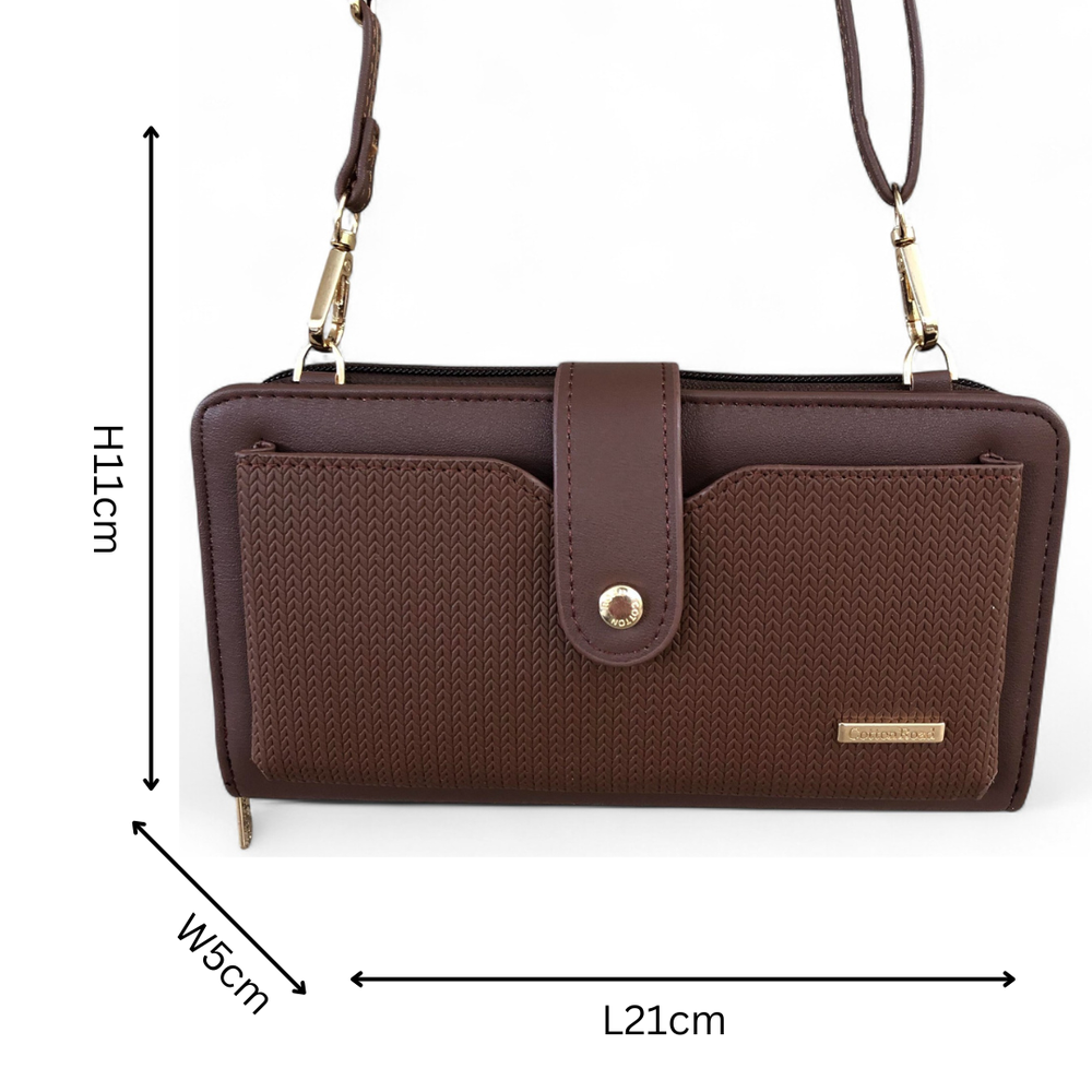 Large BROWN PU Leather Cotton Road Cellphone Sling Wallet with PATTERNED Pocket