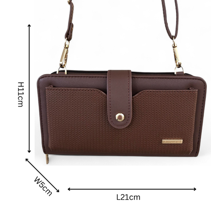 Large BROWN PU Leather Cotton Road Cellphone Sling Wallet with PATTERNED Pocket