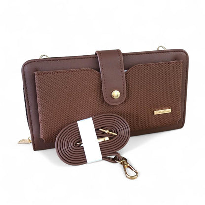 Large BROWN PU Leather Cotton Road Cellphone Sling Wallet with PATTERNED Pocket