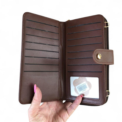 Large BROWN PU Leather Cotton Road Cellphone Sling Wallet with PATTERNED Pocket