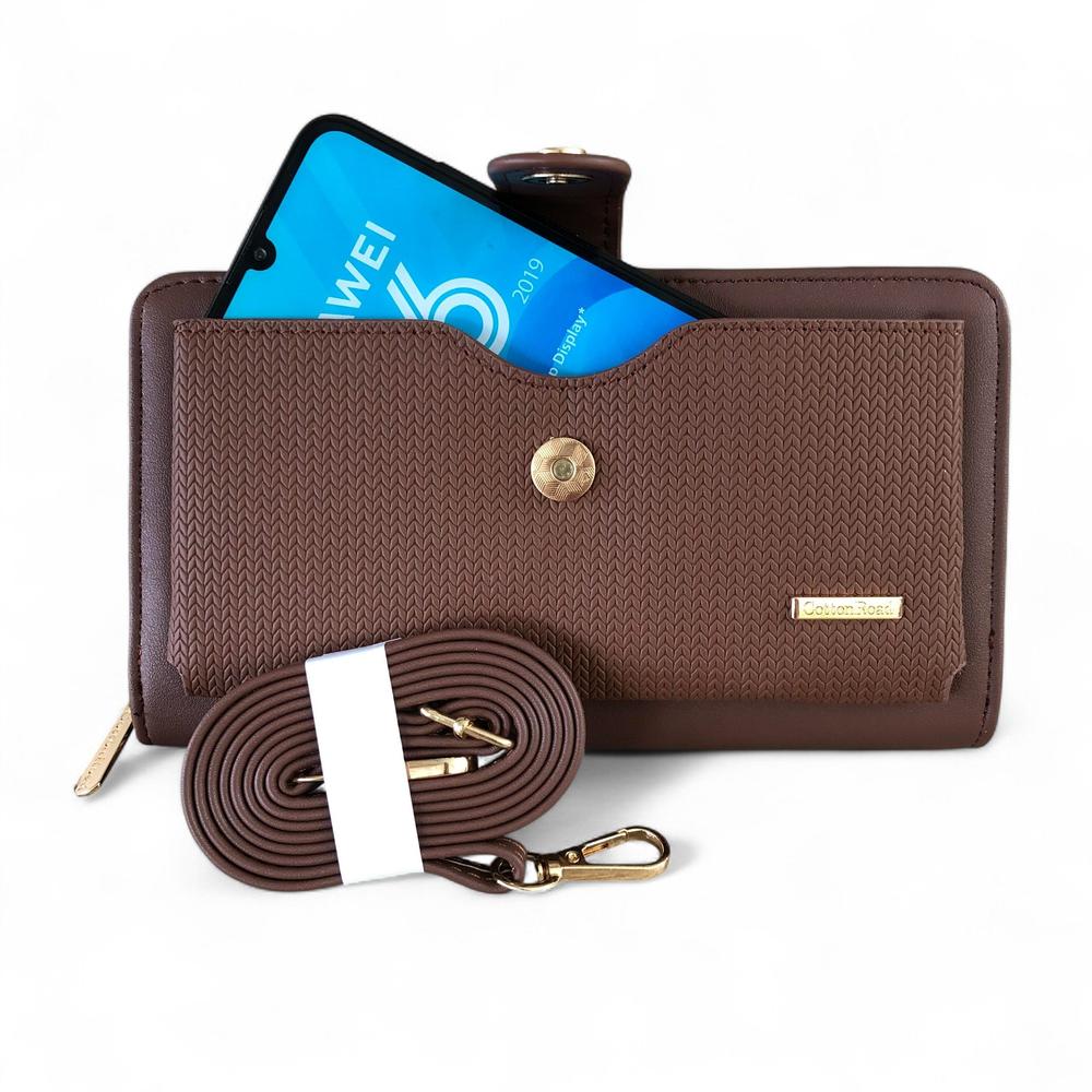 Large BROWN PU Leather Cotton Road Cellphone Sling Wallet with PATTERNED Pocket