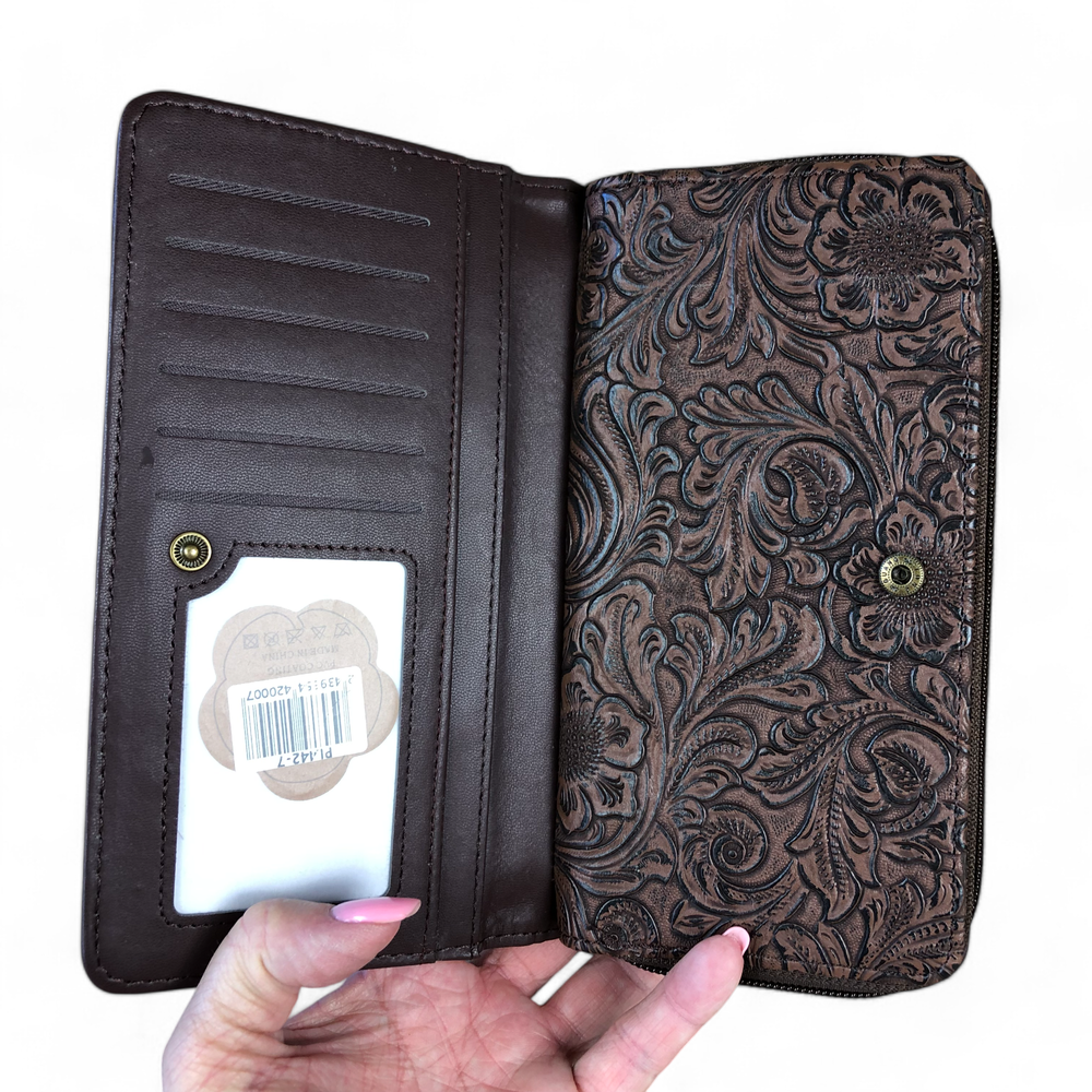Large BROWN PU Leather Cotton Road Wallet with EMBOSSED Pattern detailing