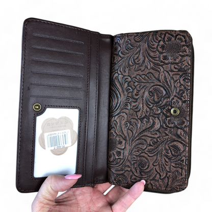 Large BROWN PU Leather Cotton Road Wallet with EMBOSSED Pattern detailing
