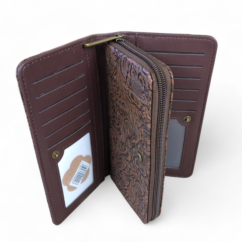 Large BROWN PU Leather Cotton Road Wallet with EMBOSSED Pattern detailing