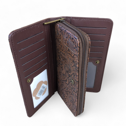 Large BROWN PU Leather Cotton Road Wallet with EMBOSSED Pattern detailing