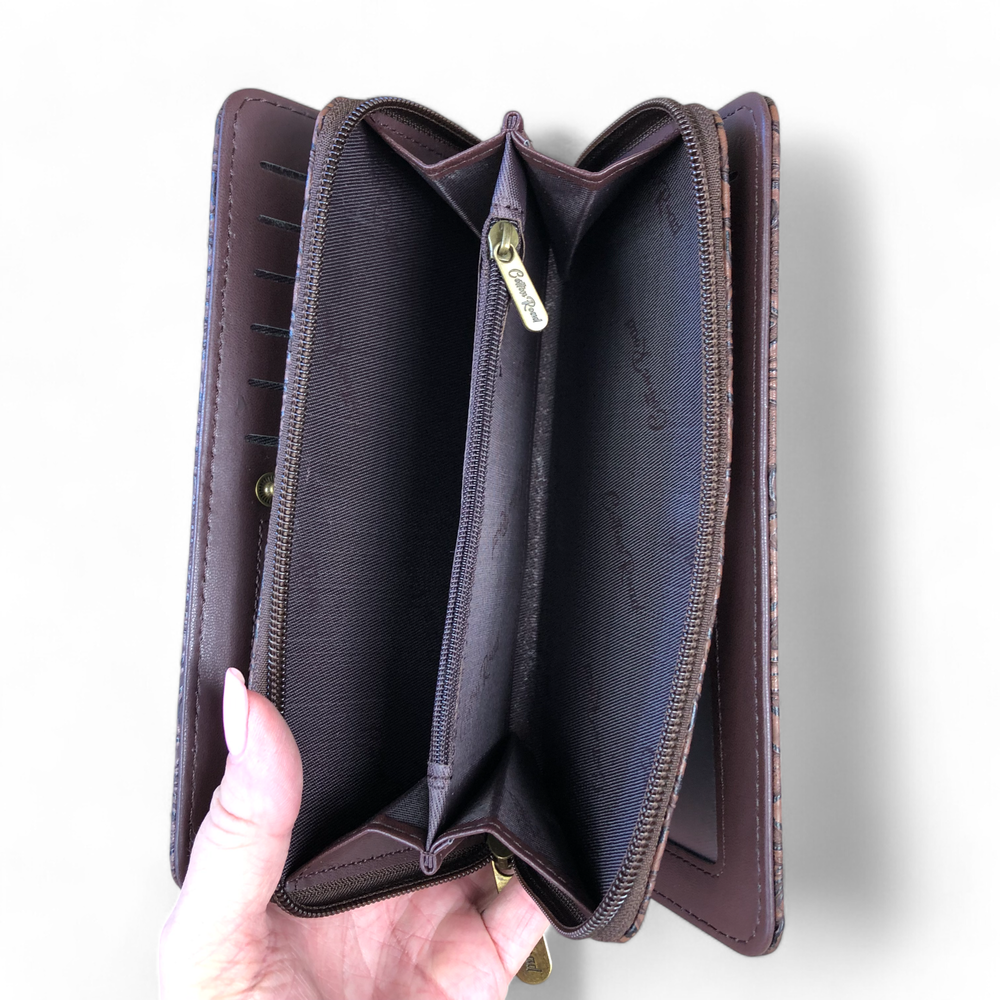 Large BROWN PU Leather Cotton Road Wallet with EMBOSSED Pattern detailing