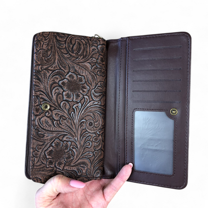 Large BROWN PU Leather Cotton Road Wallet with EMBOSSED Pattern detailing
