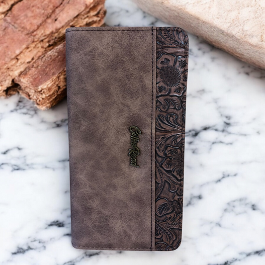 Large BROWN PU Leather Cotton Road Wallet with EMBOSSED Pattern detailing