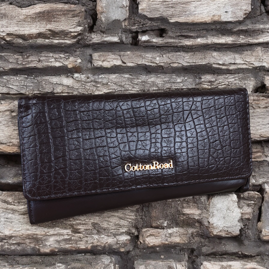 Large BROWN Tri-fold PU Leather Cotton Road Wallet with PATTERNED Panel