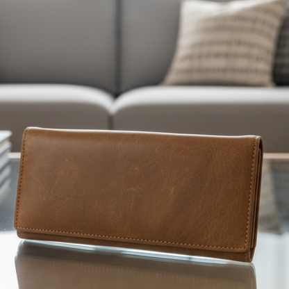 Vivace Wallet: Large BROWN Genuine Leather with Twin Zip Pockets
