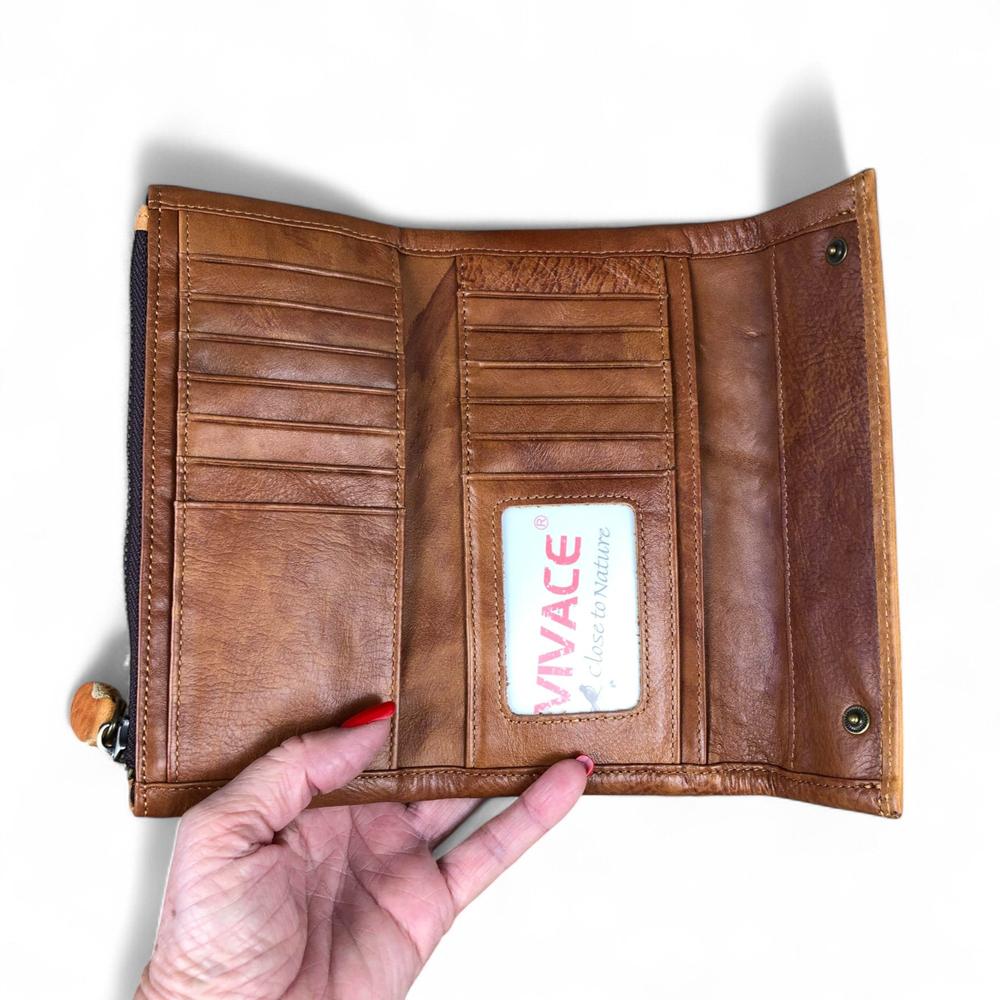 Large CAMEL BROWN Tri-Fold VIVACE Genuine Leather Wallet with TOPSTITCH
