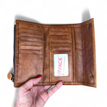 Large CAMEL BROWN Tri-Fold VIVACE Genuine Leather Wallet with TOPSTITCH