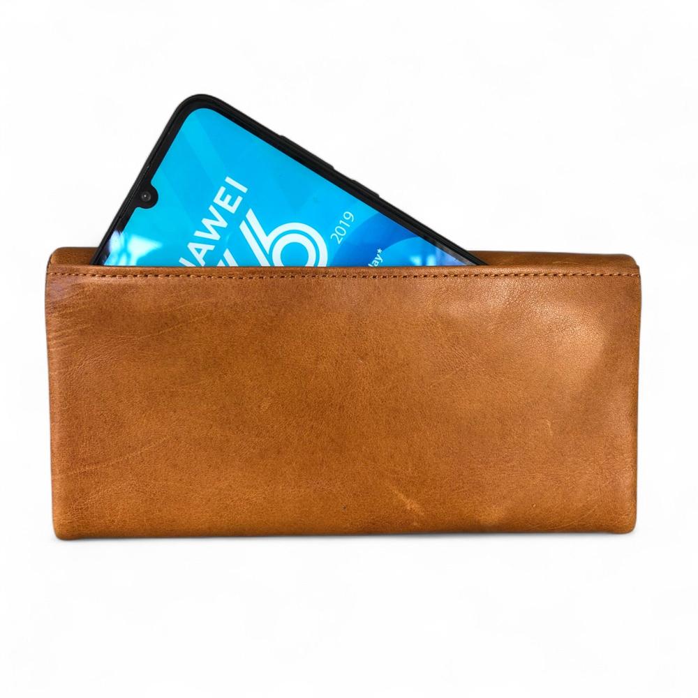 Large CAMEL BROWN Tri-Fold VIVACE Genuine Leather Wallet with TOPSTITCH