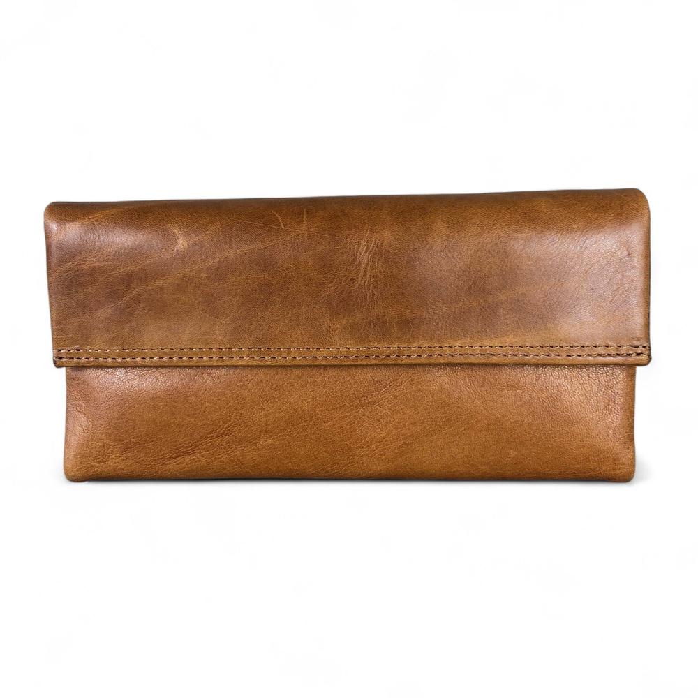 Large CAMEL BROWN Tri-Fold VIVACE Genuine Leather Wallet with TOPSTITCH