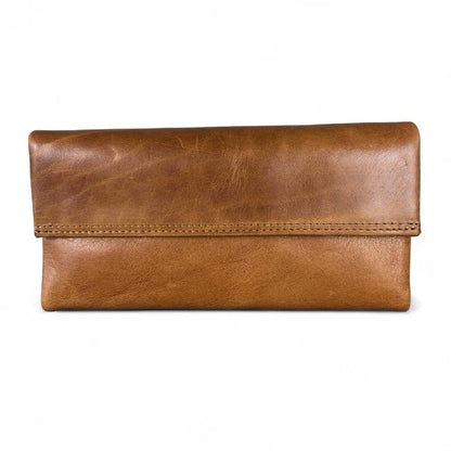 Large CAMEL BROWN Tri-Fold VIVACE Genuine Leather Wallet with TOPSTITCH