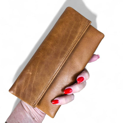 Large CAMEL BROWN Tri-Fold VIVACE Genuine Leather Wallet with TOPSTITCH