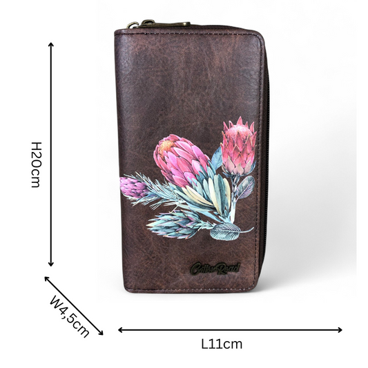 Large COFFEE BROWN PU LEATHER Cotton Road Wallet with PROTEAS