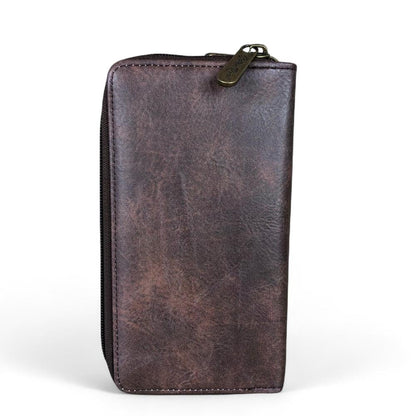 Large COFFEE BROWN PU LEATHER Cotton Road Wallet with PROTEAS