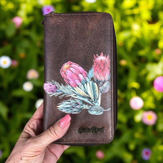 Large COFFEE BROWN PU LEATHER Cotton Road Wallet with PROTEAS