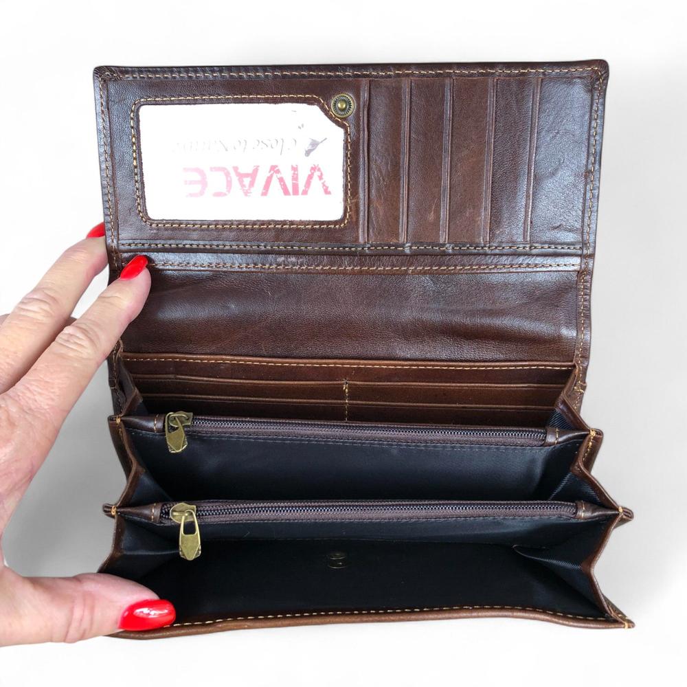 Large COFFEE BROWN VIVACE Genuine Leather Wallet with Twin Zip Pockets