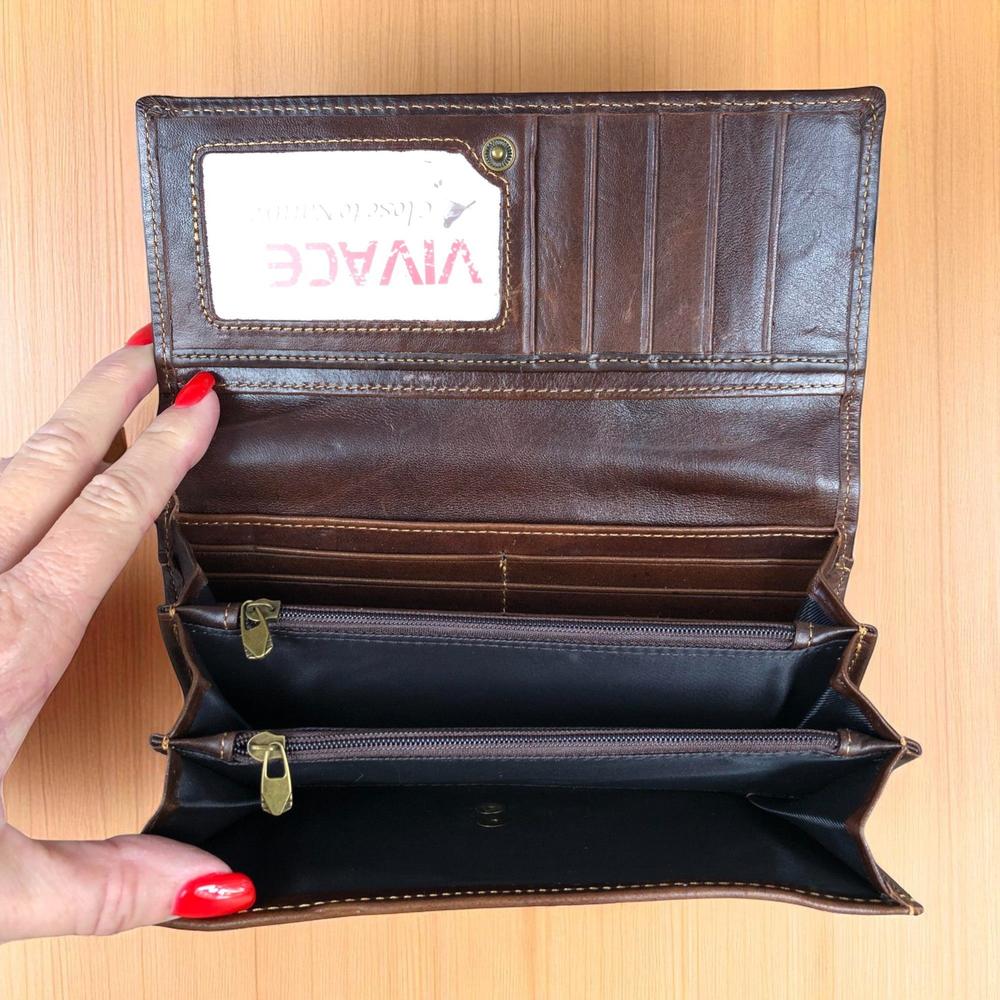 Large COFFEE BROWN VIVACE Genuine Leather Wallet with Twin Zip Pockets