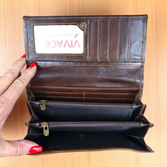 Large COFFEE BROWN VIVACE Genuine Leather Wallet with Twin Zip Pockets