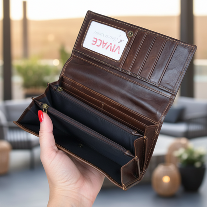 Vivace Wallet: Large COFFEE BROWN Genuine Leather with Twin Zip Pockets