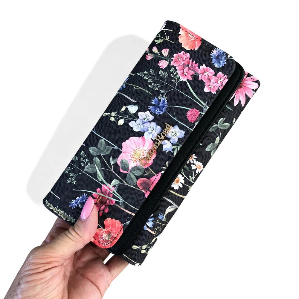 Large FLORAL BLACK PU Leather Cotton Road Wallet