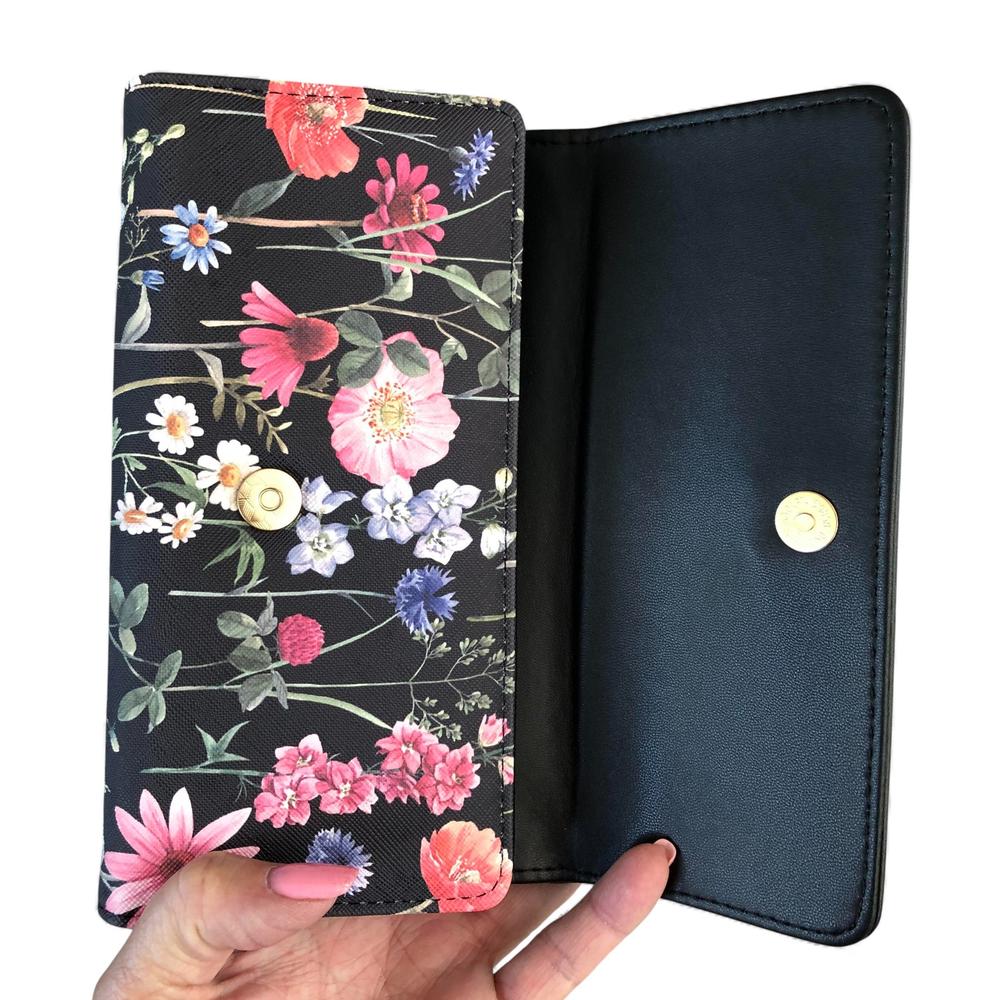 Large FLORAL BLACK PU Leather Cotton Road Wallet