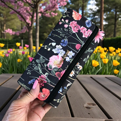 Large FLORAL BLACK PU Leather Cotton Road Wallet