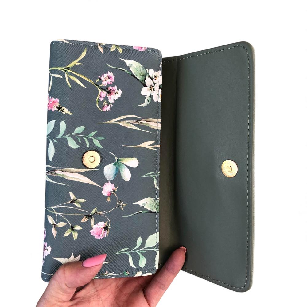 Large FLORAL GREEN PU Leather Cotton Road Wallet