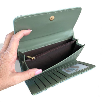 Large FLORAL GREEN PU Leather Cotton Road Wallet