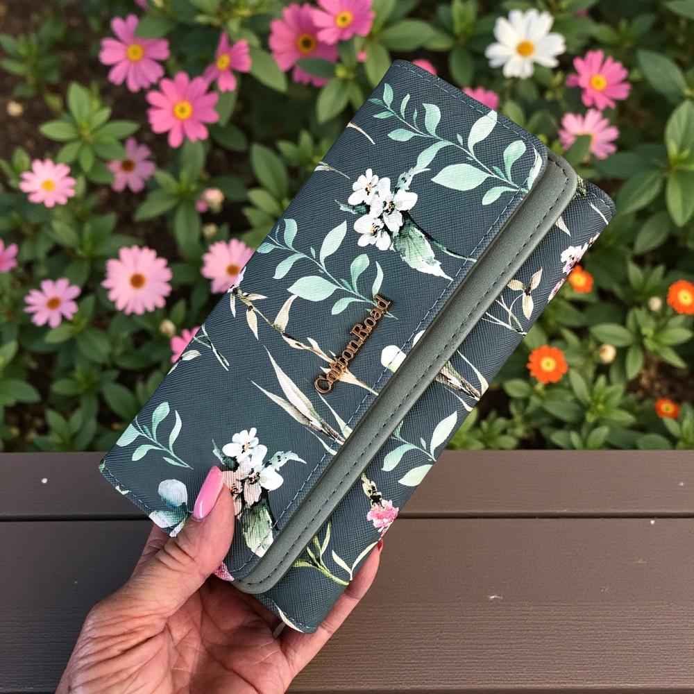 Large FLORAL GREEN PU Leather Cotton Road Wallet