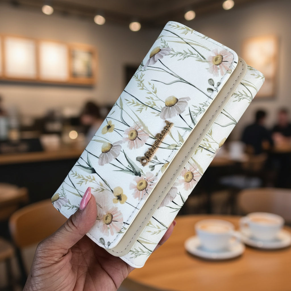 Large FLORAL IVORY PU Leather Cotton Road Wallet