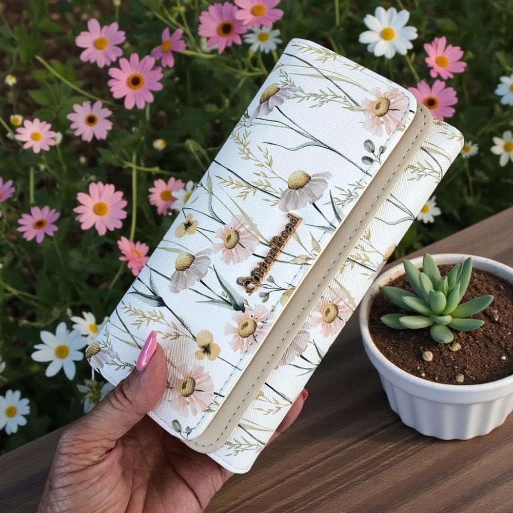 Large FLORAL IVORY PU Leather Cotton Road Wallet