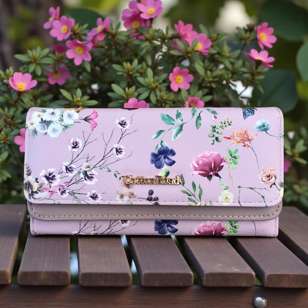 Large FLORAL PINK PU Leather Cotton Road Wallet