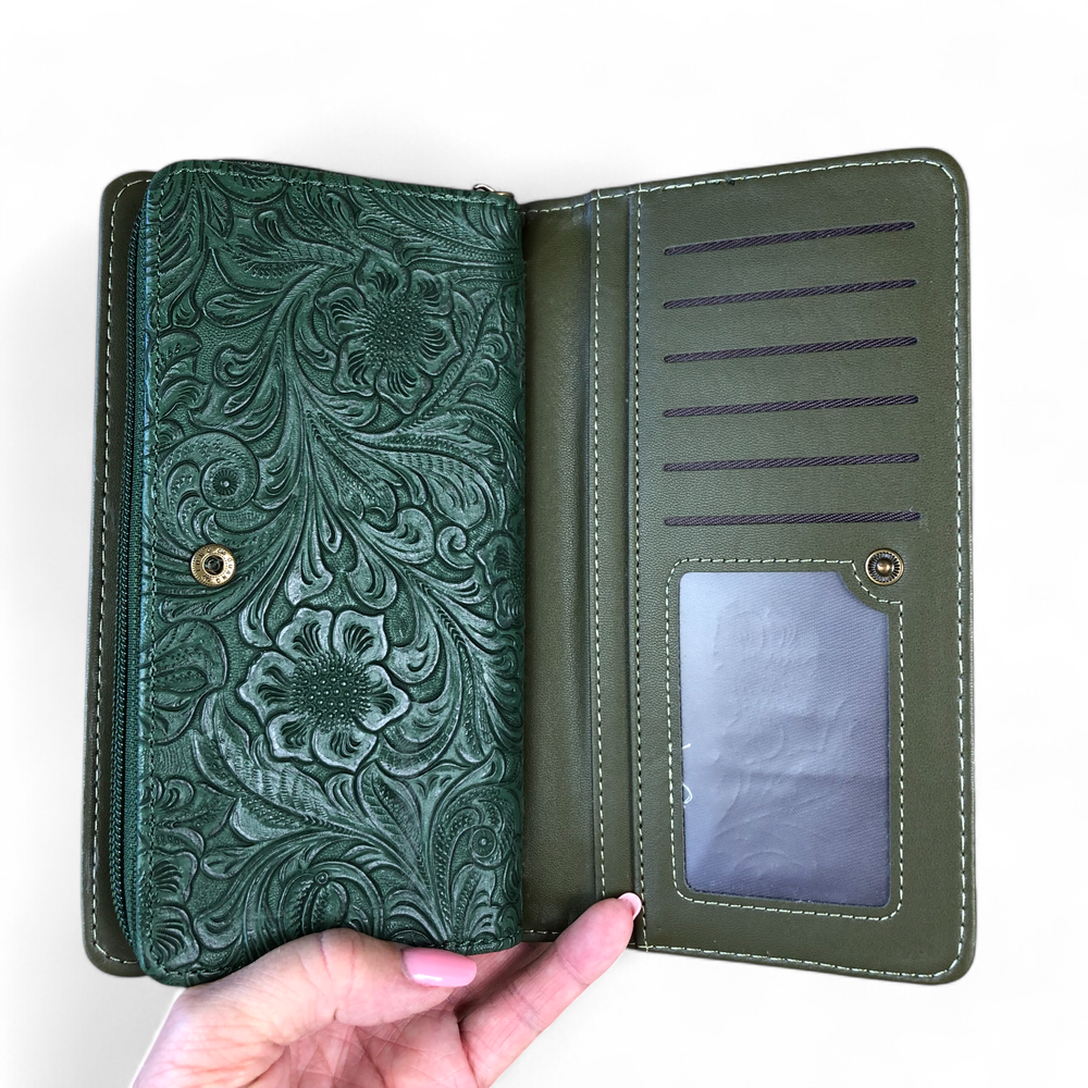 Large GREEN PU Leather Cotton Road Wallet with EMBOSSED Pattern detailing