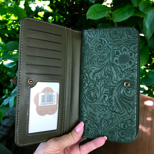 Large GREEN PU Leather Cotton Road Wallet with EMBOSSED Pattern detailing
