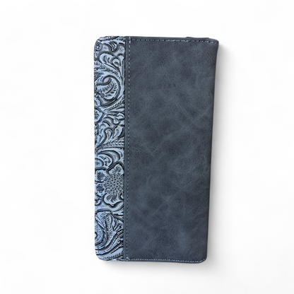 Large GREY PU Leather Cotton Road Wallet with EMBOSSED Pattern detailing