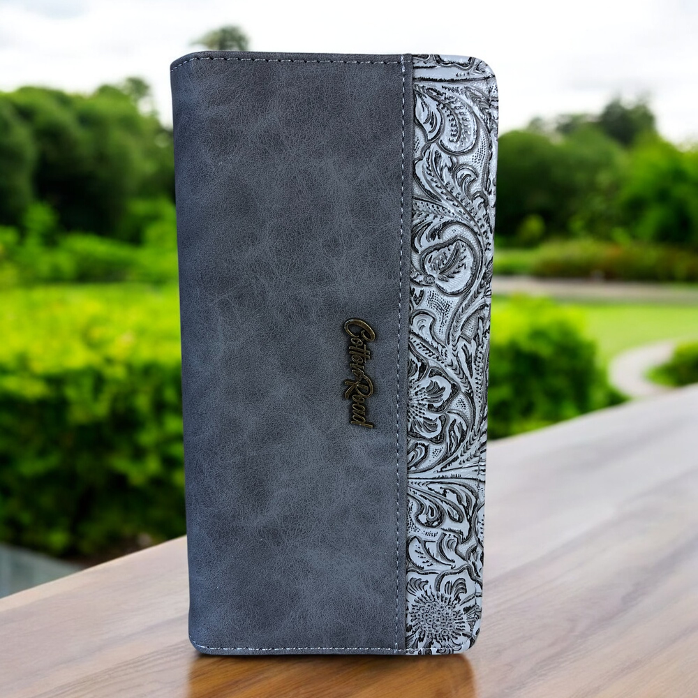 Large GREY PU Leather Cotton Road Wallet with EMBOSSED Pattern detailing