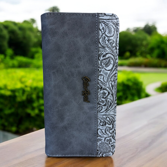 Large GREY PU Leather Cotton Road Wallet with EMBOSSED Pattern detailing