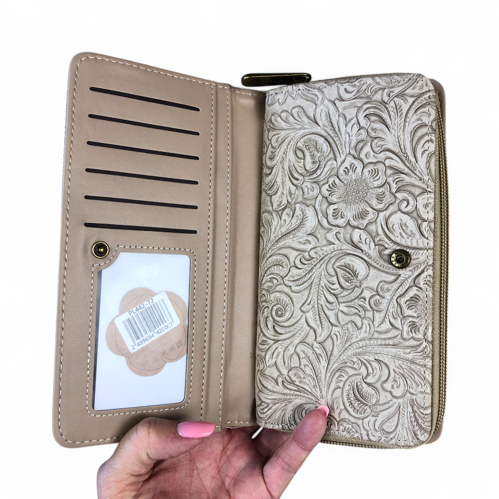 Large KHAKI PU Leather Cotton Road Wallet with EMBOSSED Pattern detailing
