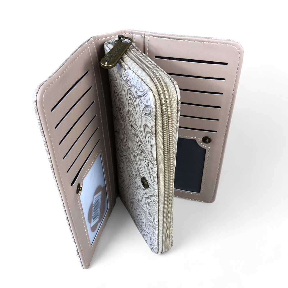 Large KHAKI PU Leather Cotton Road Wallet with EMBOSSED Pattern detailing