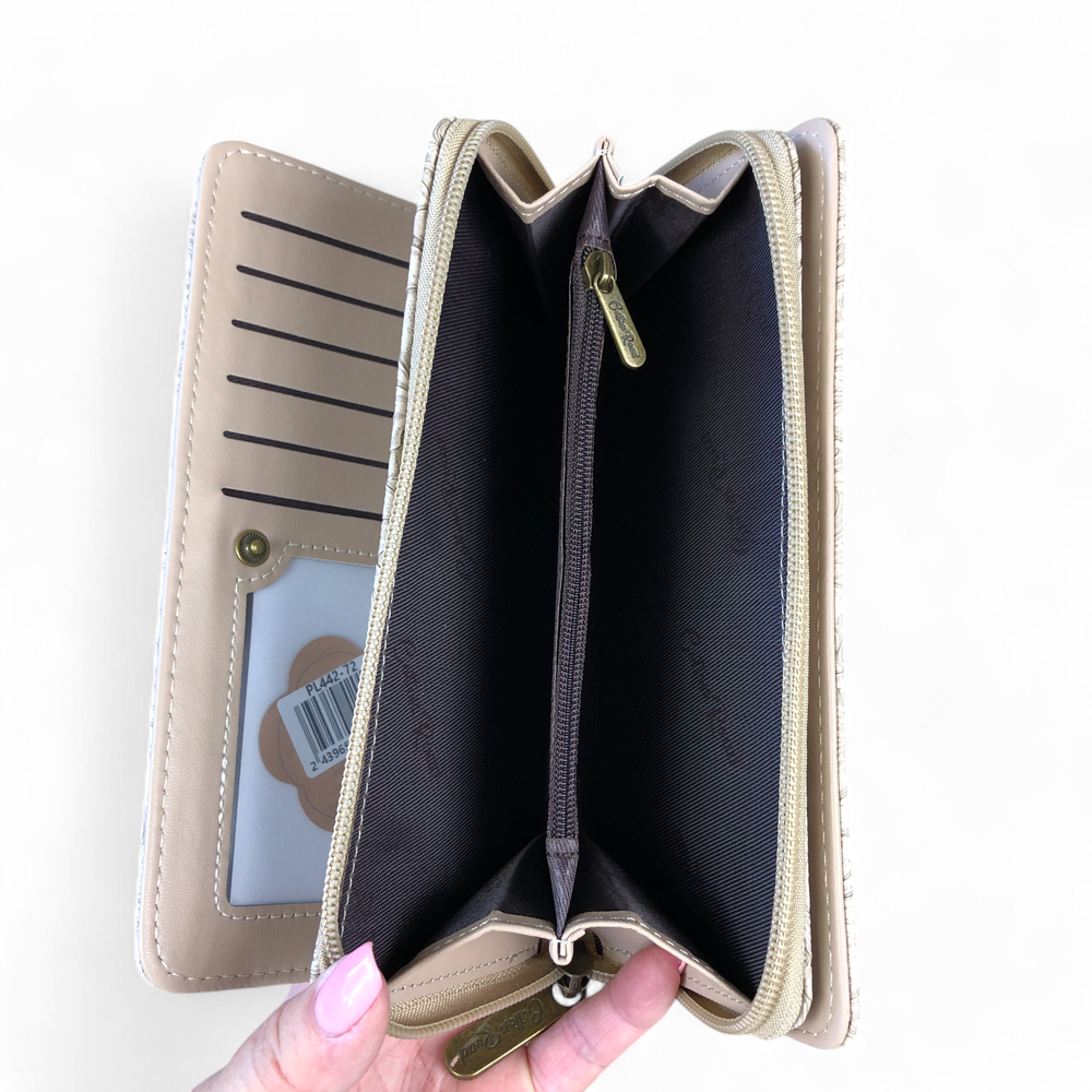 Large KHAKI PU Leather Cotton Road Wallet with EMBOSSED Pattern detailing