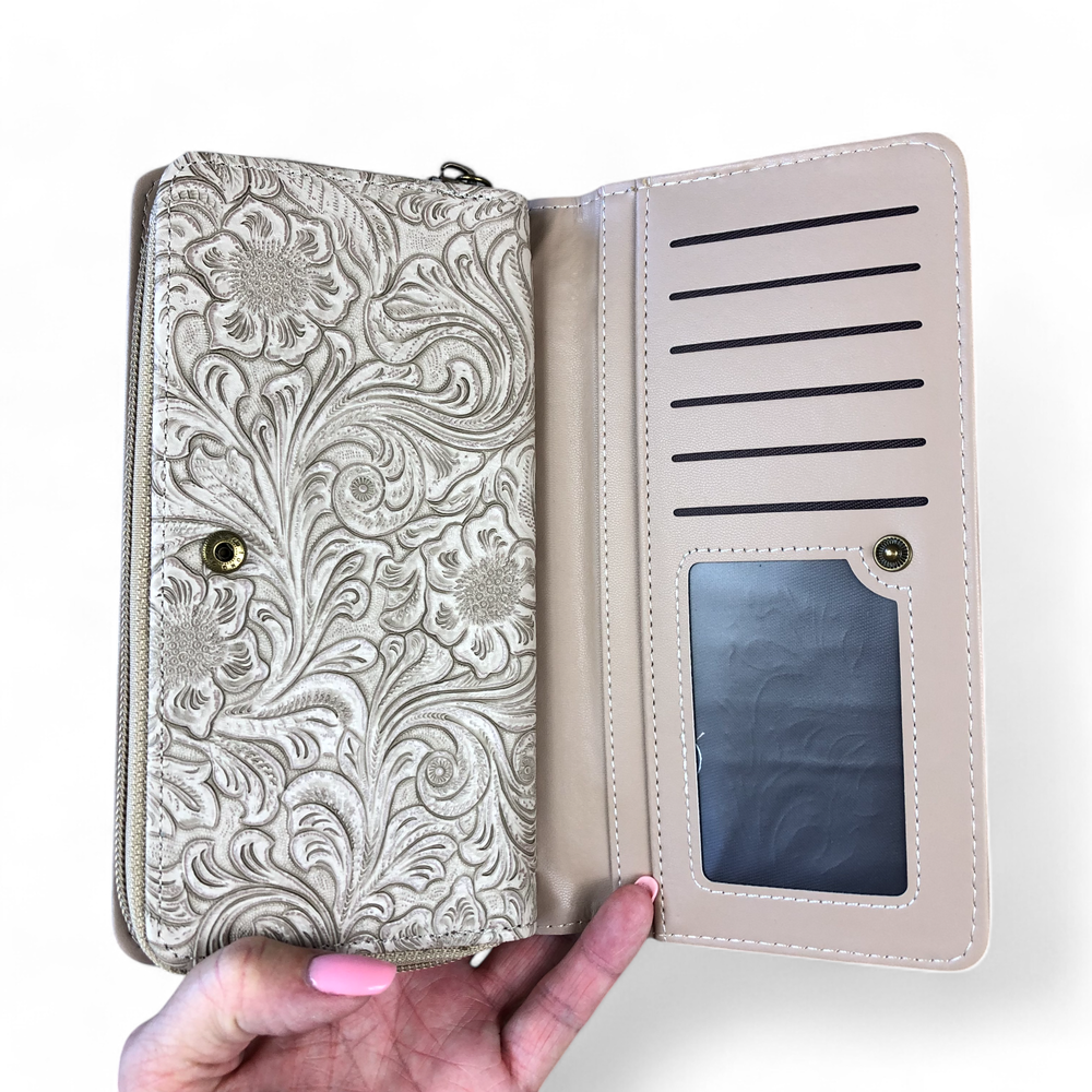 Large KHAKI PU Leather Cotton Road Wallet with EMBOSSED Pattern detailing