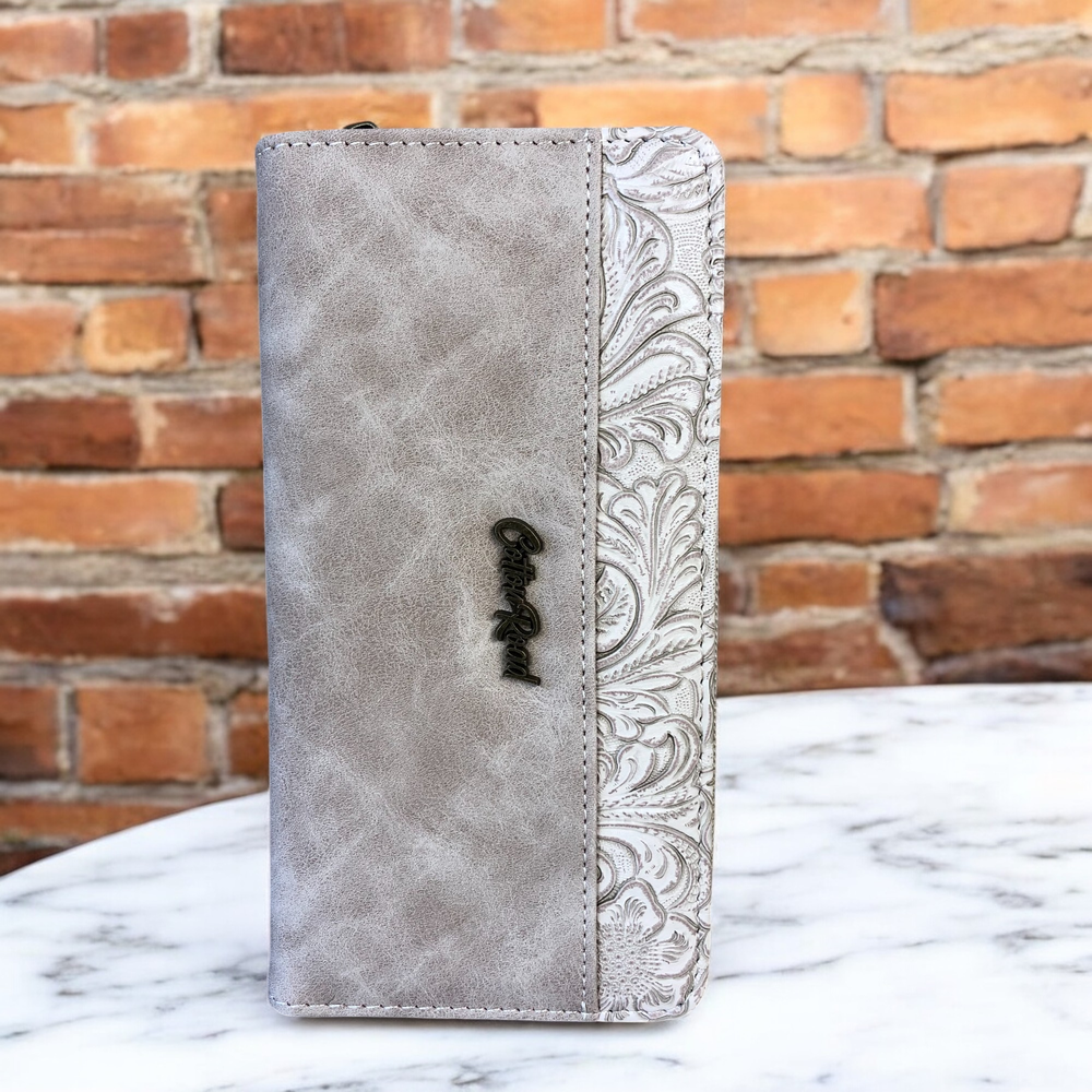 Large KHAKI PU Leather Cotton Road Wallet with EMBOSSED Pattern detailing