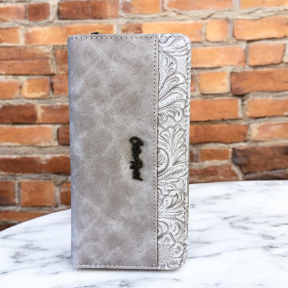 Large KHAKI PU Leather Cotton Road Wallet with EMBOSSED Pattern detailing