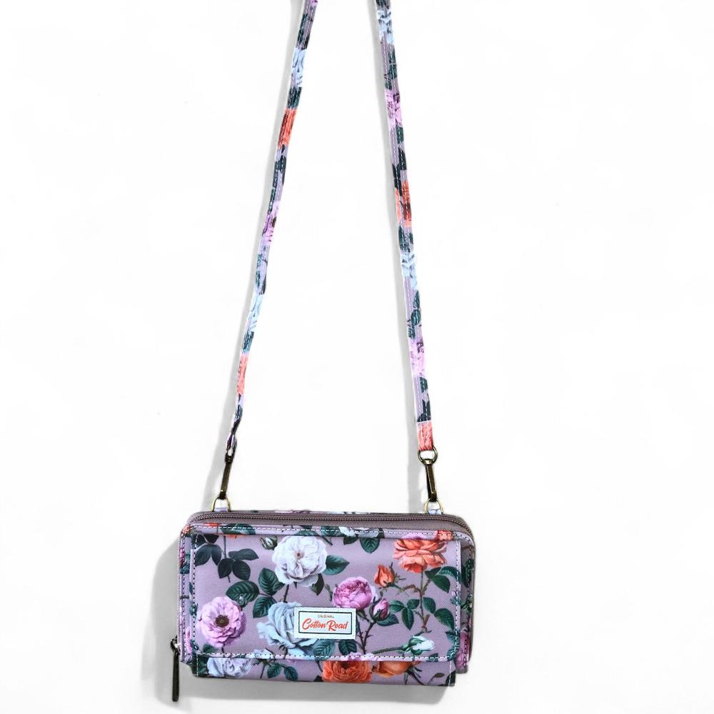 Large MAUVE Cotton Road PVC Cellphone Sling Wallet with FLOWERS